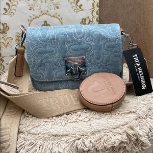 NWT True Religion Blue Denim Crossbody Bag with Embossed Pattern